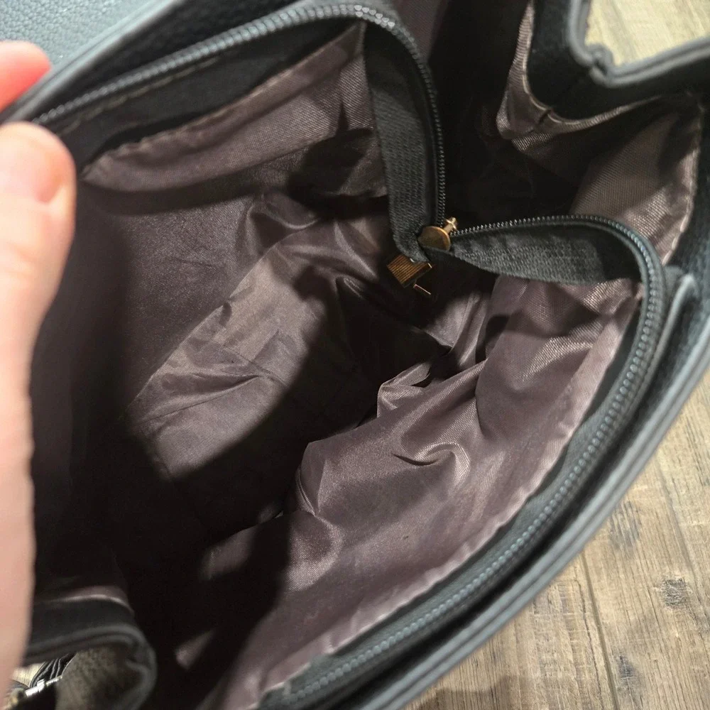 Black Pebbled Faux‎ Leather Convertible Backpack Satchel Rose Gold Ring Detail